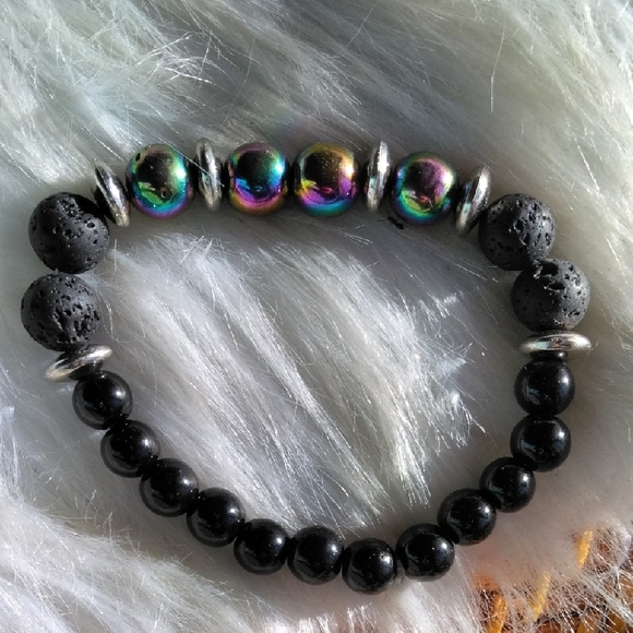 Jewelry - Amazing Rainbow Hematite, Lava Stone And Black Beaded Stretchy Bracelet